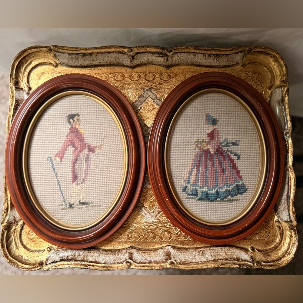 Vintage Style Framed Needlepoint Art in Gold and Brown
